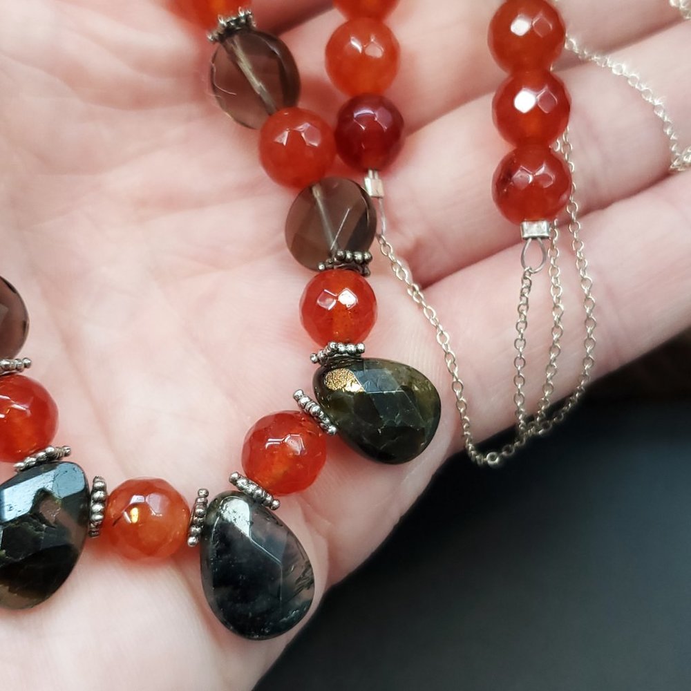 Hangs 15 Inches Slip On Sterling Silver Moss Agate And Smoky Quartz Stone Neckla - Picture 4 of 7